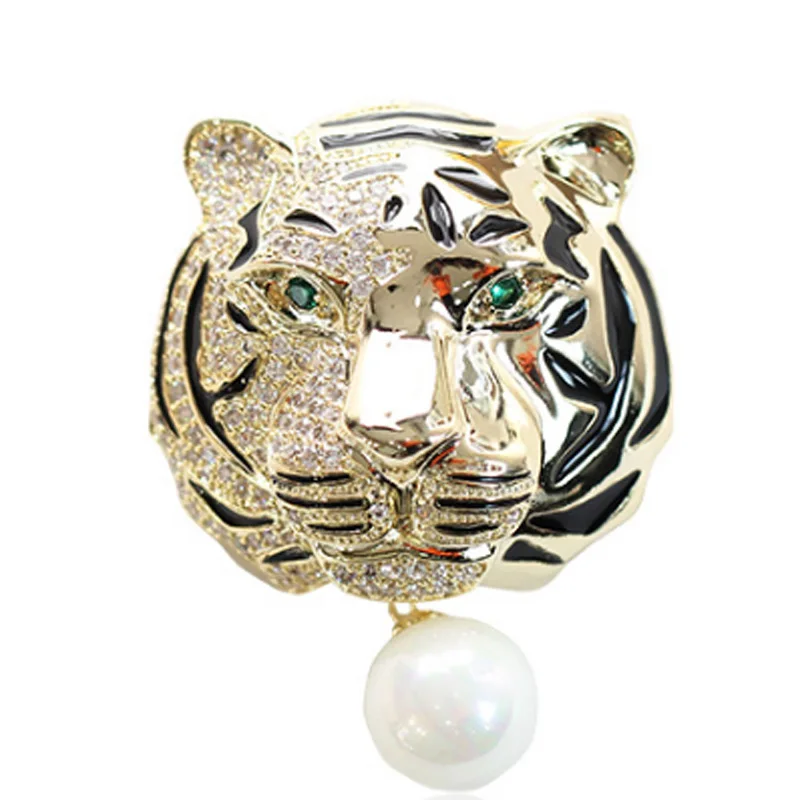 

Zlxgirl brand gold and rhodium silver color tiger shape animal scarf pins for men bridal jewelry metal zirconia pearl hijab pins