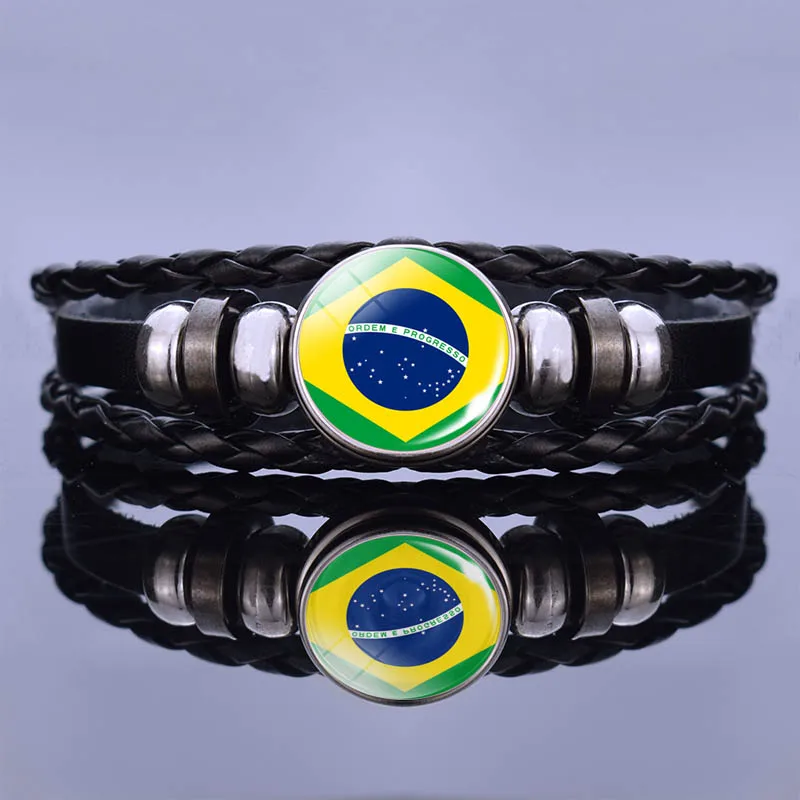 

Soccer Leather Bracelet Football Glass Metal Buckle Punk Jewelry France Russia UK Flag Bracelet Men Women Punk Wrap Bracelet