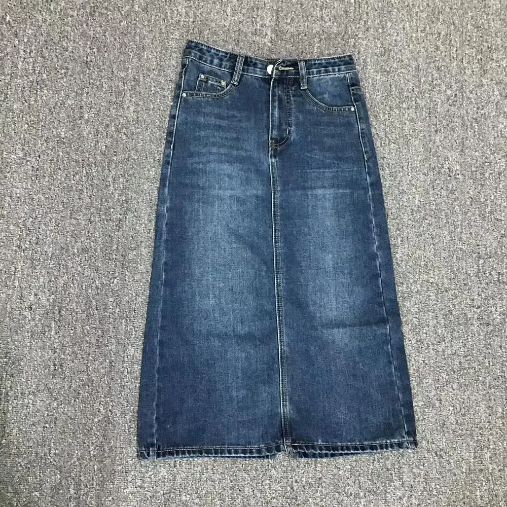 Осенняя Женская юбка миди простая джинсовая с разрезом сзади повседневная