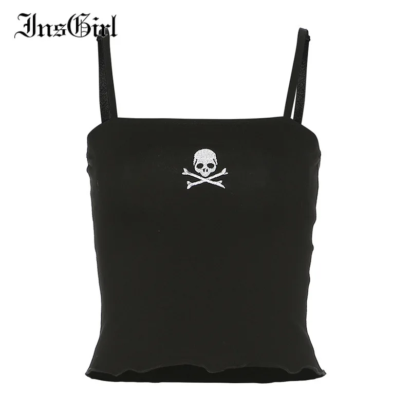 

InsGirl Punk Dark Black Camis Women Skull Embroidery Strapless Slim Crop Tops Gothic Sexy Streetwear Y2k Nightclub Vest Female