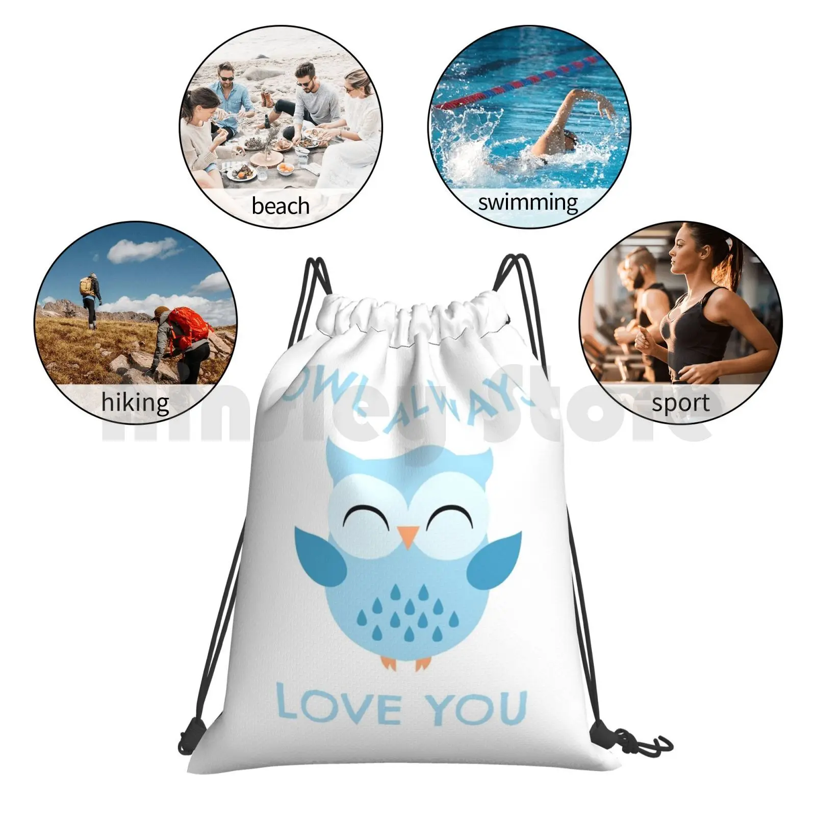 

Owl Always Love You Backpack Drawstring Bag Riding Climbing Gym Bag Owl Always Love You Cute Blue Feathers Birds Avian