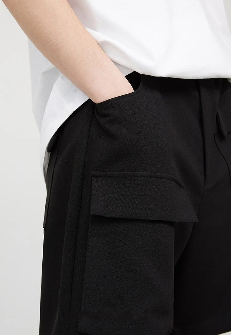Черные мужские свободные брюки с большими карманами и асимметричными шортами -