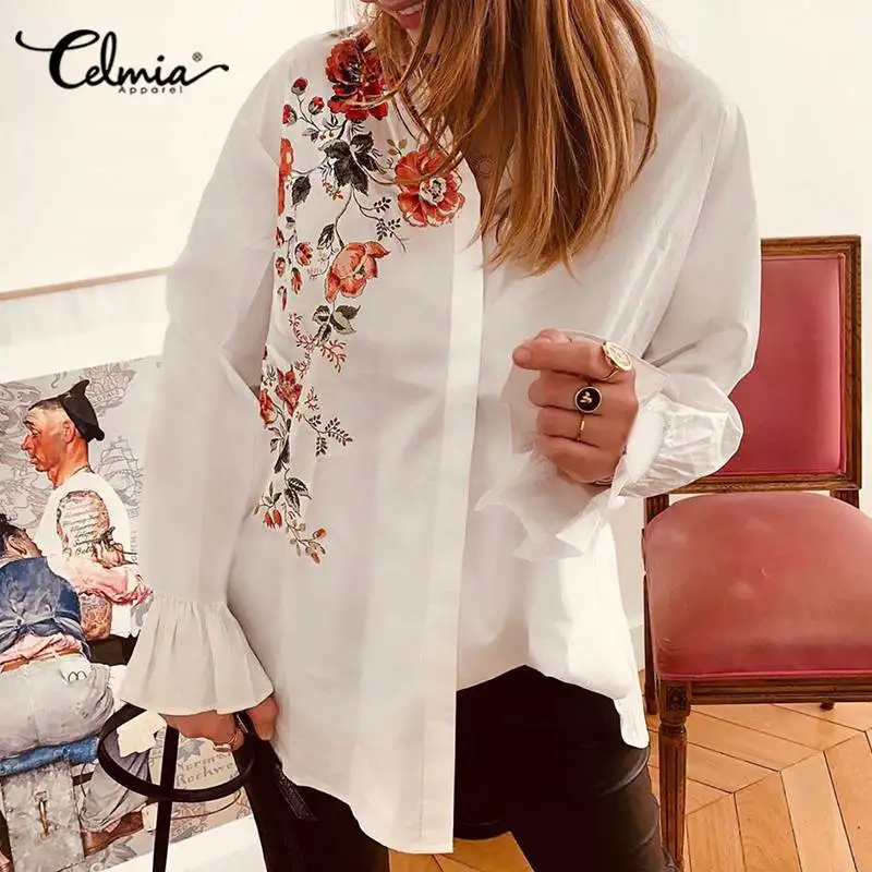 

Celmia Women Elegant Shirt Office Autumn Casual Long Flare Sleeve Vintage Tops Floral Printed Shirts Buttons Blusas Femininas
