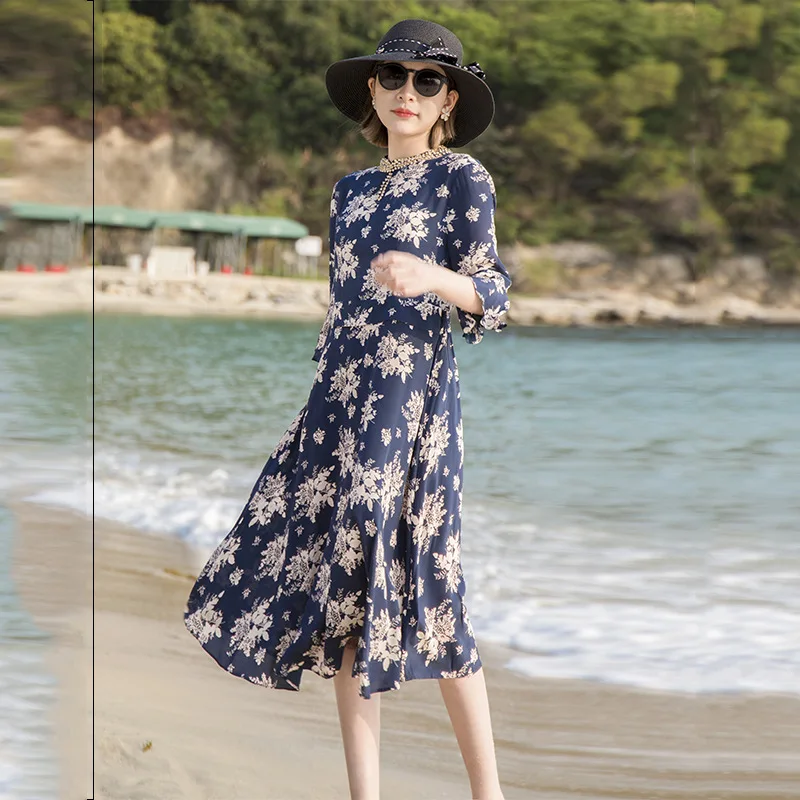

Double crepe de chine silk dress 2021 summer new style diamond stand collar fashion Hong Kong style printed mulberry silk midi s