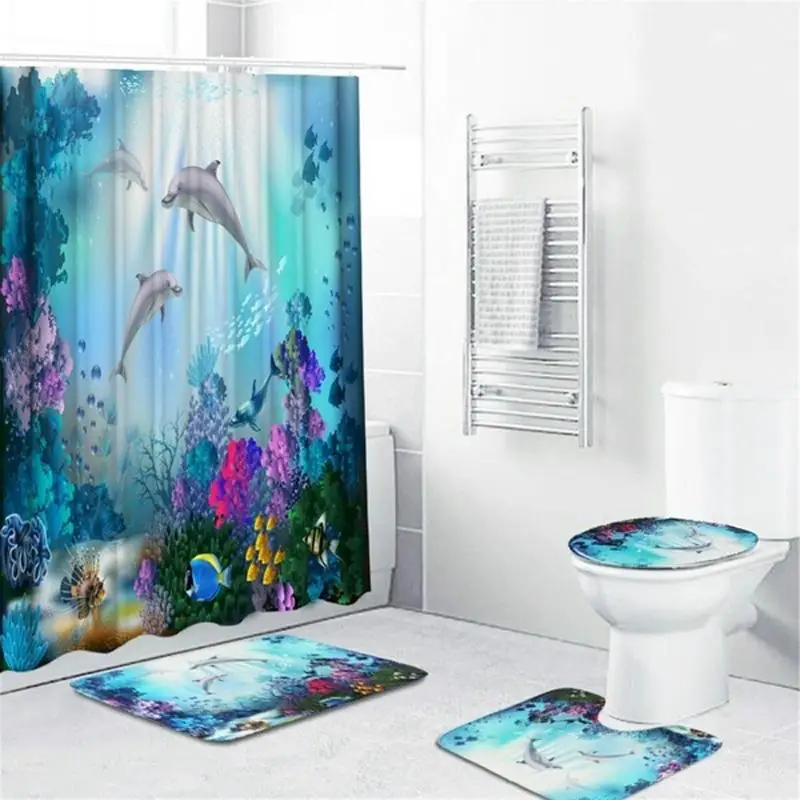 

Marine Style Dolphin Waterproof Shower Curtain Set Anti-slip Mat Base Carpet Toilet Cover Pad Bathroom Kit