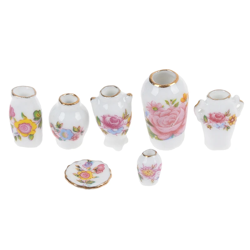 

7Pcs/Lot Mini 1:12 Dollhouse Miniature Porcelain Flower Vase Dolls House Accessories Simulaiton Furniture Toys