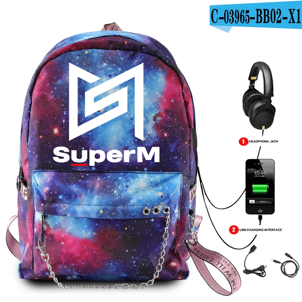 SuperM рюкзак KPOP крутой логотип команды стильный с подвесным орнаментом с USB молнией модный рюкзак для путешествий - Цвет: BB02
