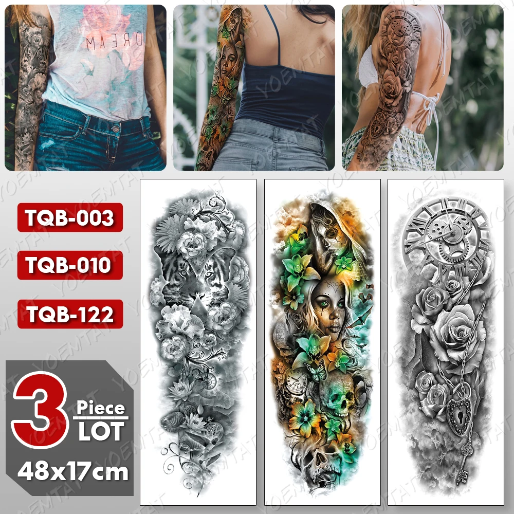 

3 pcs/lot Large Arm Sleeve Tattoo Tiger Flower Lotus Waterproof Temporary Tatto Sticker Clock Lock Leg Body Art Full Fake Tatoo