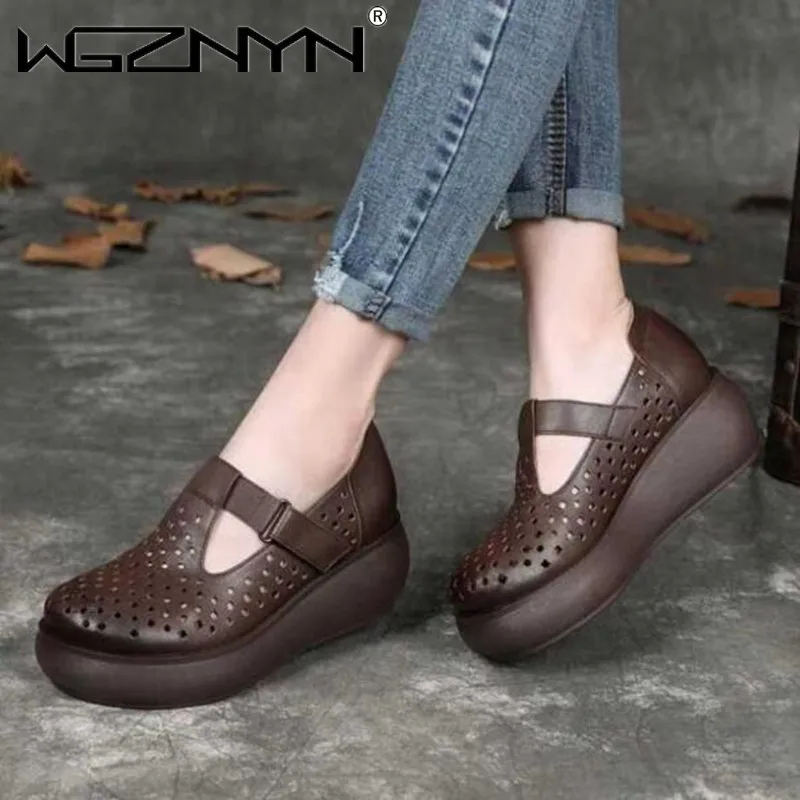 

Summer Female Leather Sandals Wear-resistant Anti-slip Roman Shoes Retro Platform with Thick Bottom Comfortable Wedge Sandals
