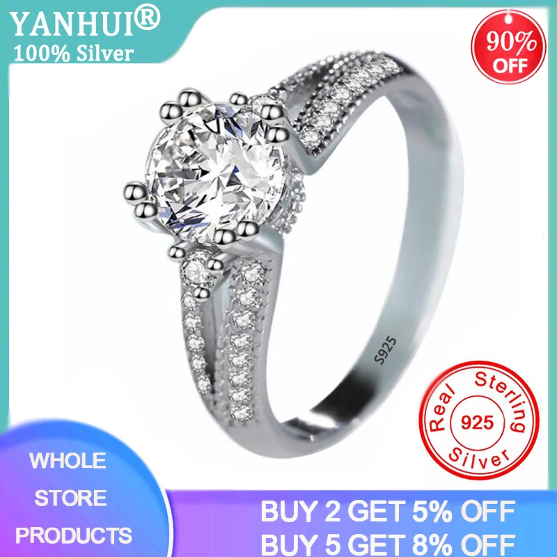 

YANHUI Solid 925 Sterling Silver Halo Ring Engagement Wedding Band for Women Zironia Finger Gifts Classic Personalized R074