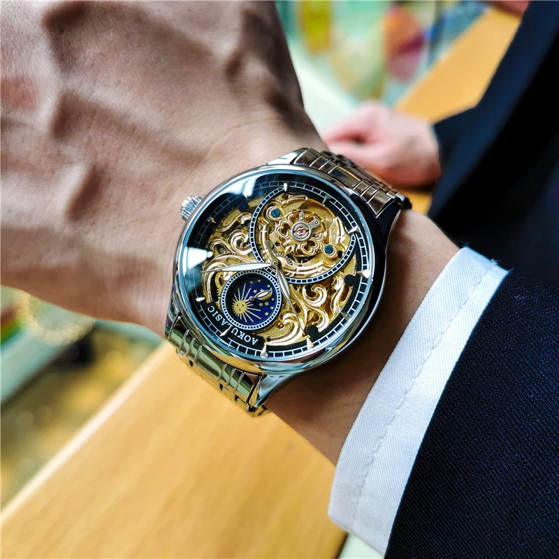 AOKULASIC Waterproof Casual Watch Men Hollow Design Tourbillon Automatic Mechanical Man's Wristwatches Luminous, Moon Phase