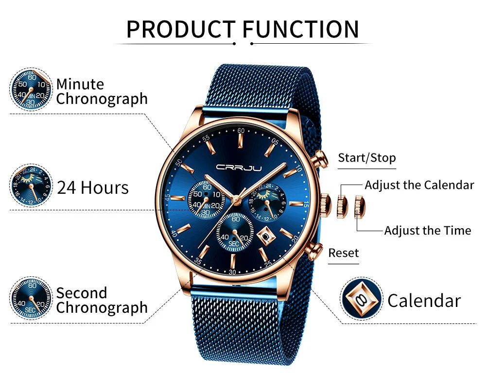 Модные новые мужские часы CRRJU Роскошные Кварцевые в деловом стиле синие с большим