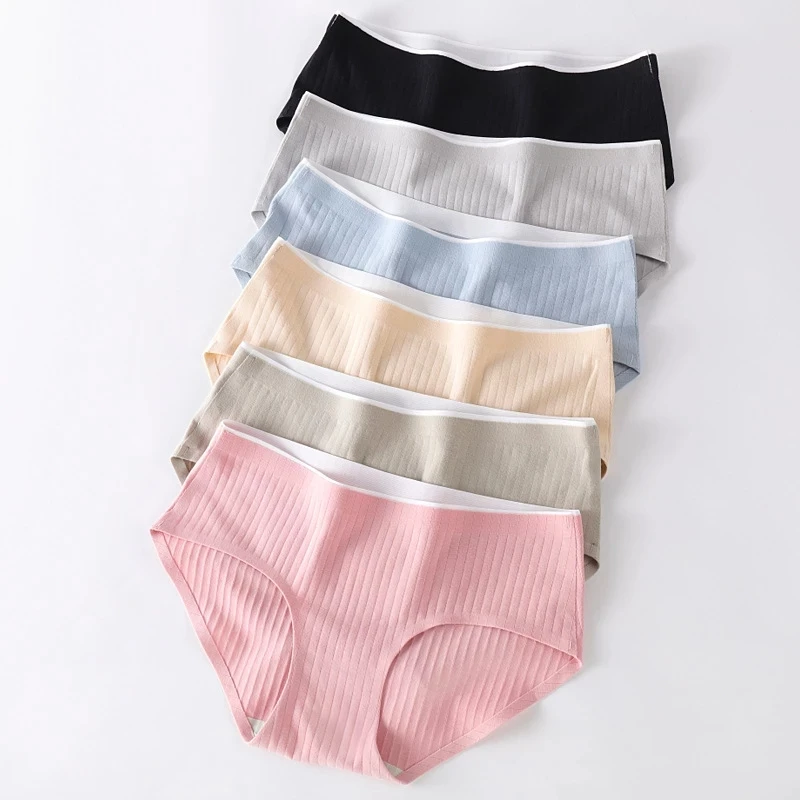 

Women's Underwear Cotton Seamless Stripes Panties Soild Color Skin- friendly Lingerie Woman Panty Low Waist M-XL Plus Size New