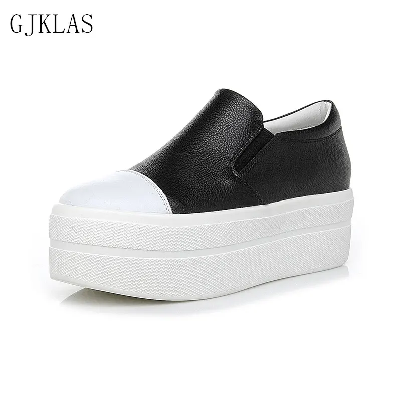 

Genuine Leather Shoes Women Heels Black White Sneakers Platform Fashion Women Shoes Wedge Platform Woman Sneakers Outdoor Sport