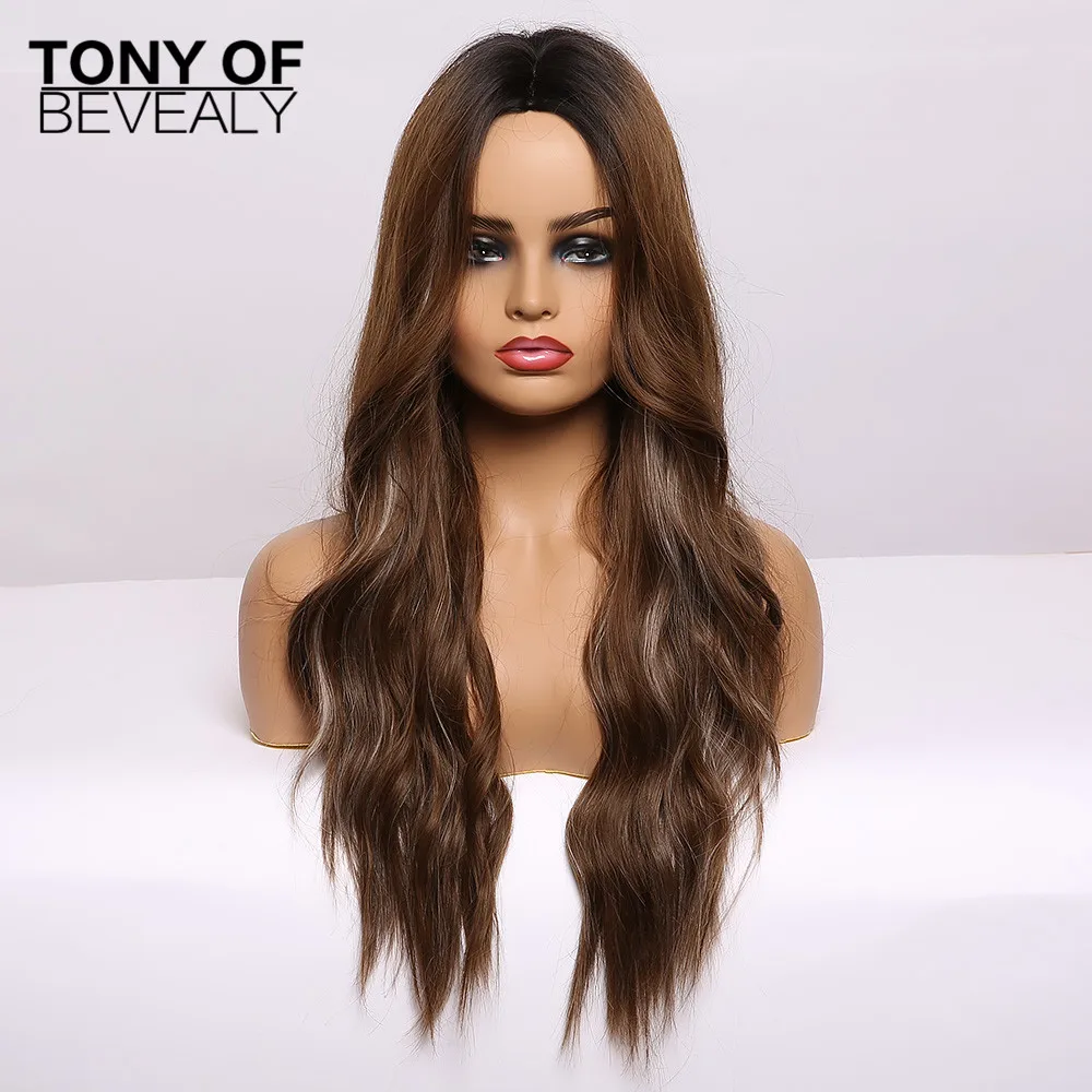 Длинные волнистые синтетические парики Омбре коричневые средняя часть