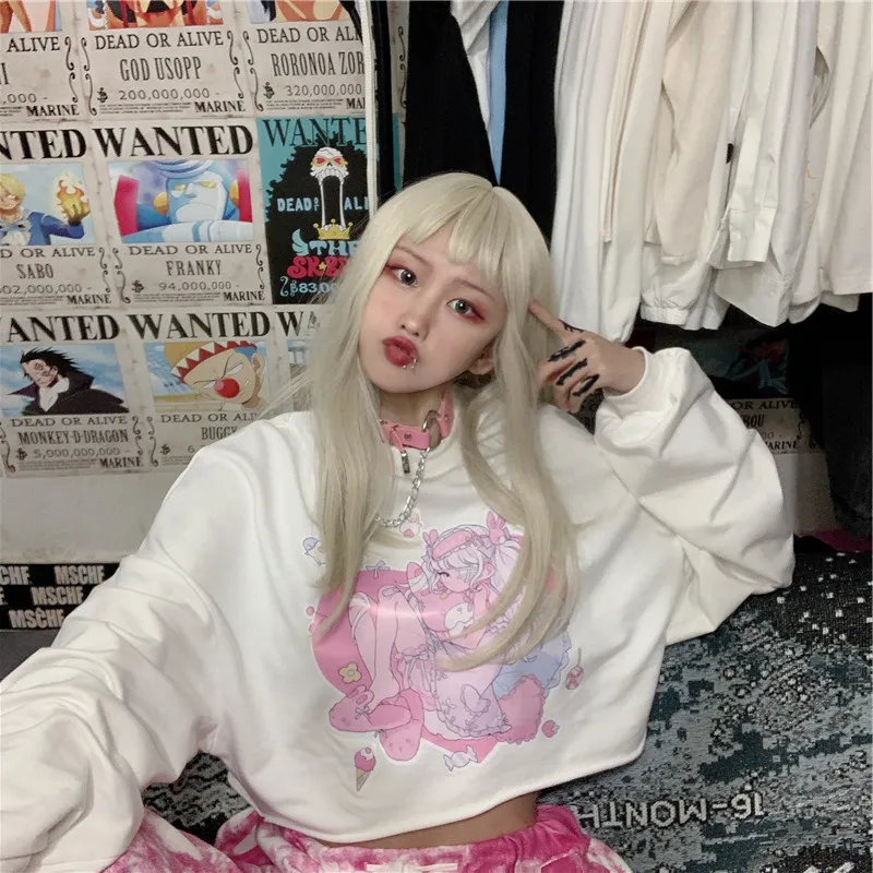 Harajuku kawaii cute cartoon anime girl printed t-shirt long sleeve white tshirts women sweet tops loose pullovers woman clothes