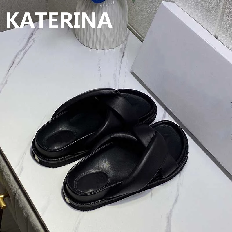 

Summer Women Flatform Slippers Cross Belt Soft Vocation Beach Flipflops Lazy Mullers Real Leather Comfortable Sandals Flip Flops