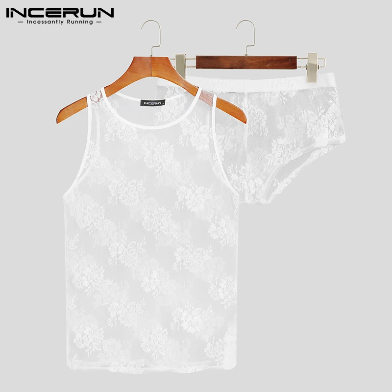 

Stylish Men's Comfortable Loungewear Sets Vests Shorts Male Sexy Casual Lace Breathable Mesh Printing Suits S-5XL 2021 INCERUN