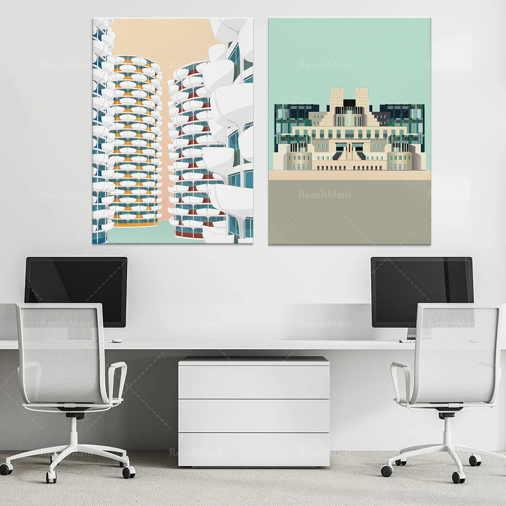 

Petal Tower Paris France, MI6 Building, London Vauxhall, modern architectural art prints | Graphic illustration abstract poster