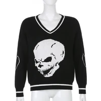 fashion skull print loose autumn winter sweater women pullovers casual y2k v neck knitted jumpers 2021 sweaters