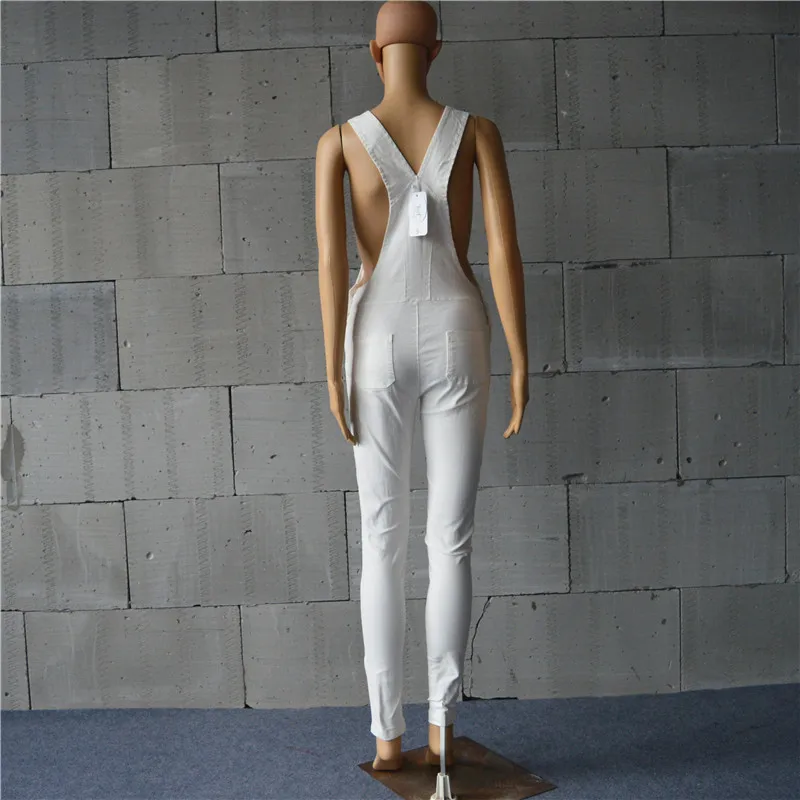 

Women Olive Green Denim Overalls 2019 Summer Strap Ripped Pocket Full Length Denim Jumpsuit White Workwear Slim Jeans Rompers