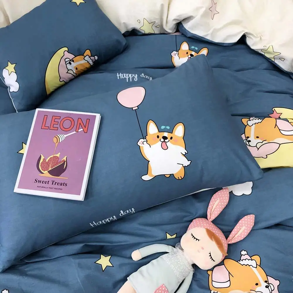 47 Cartoon Blue Corgi Moon Duvet Cover Set Kids Children Flat Sheet Cotton Bedlinens Twin Queen Bedding Sets Pillowcases | Дом и сад
