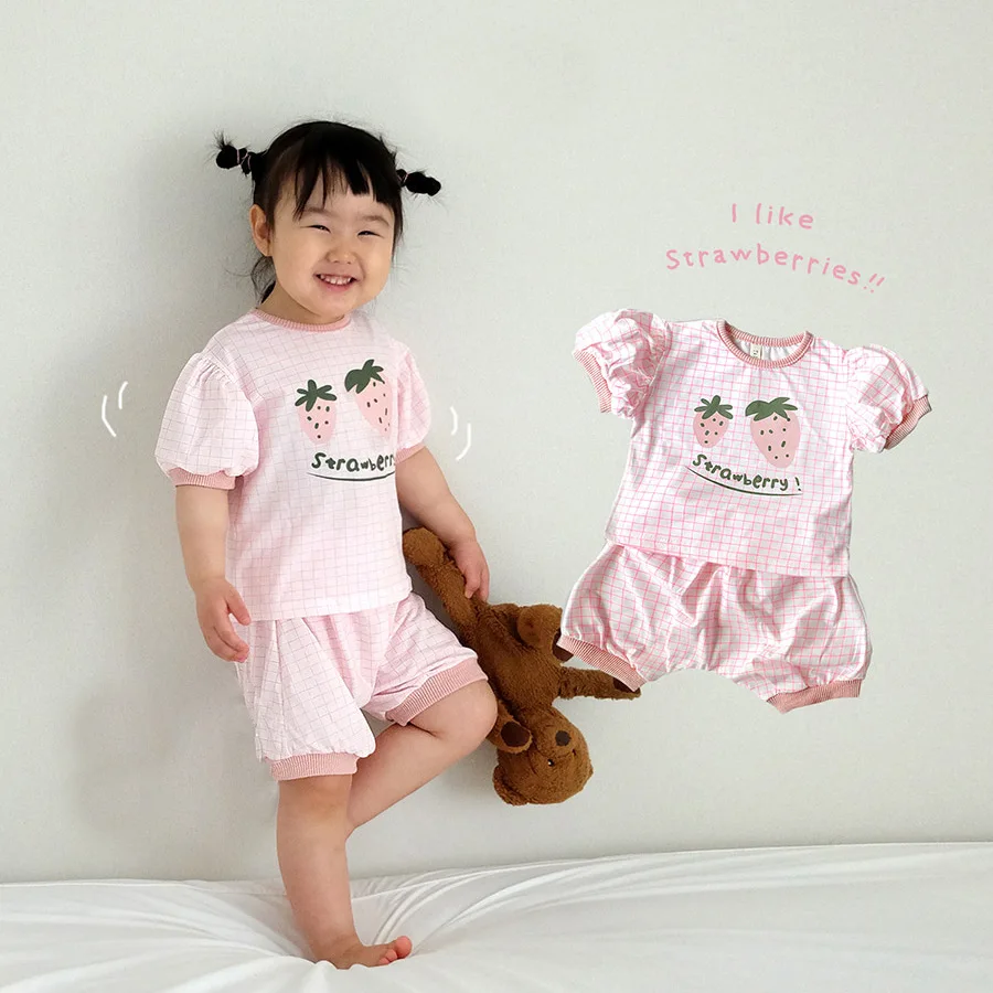 

2021 Baby Summer Suit Boys and Girls Round Neck Print Plaid Two-piece Suit Kids Boutique Clothing Wholesale