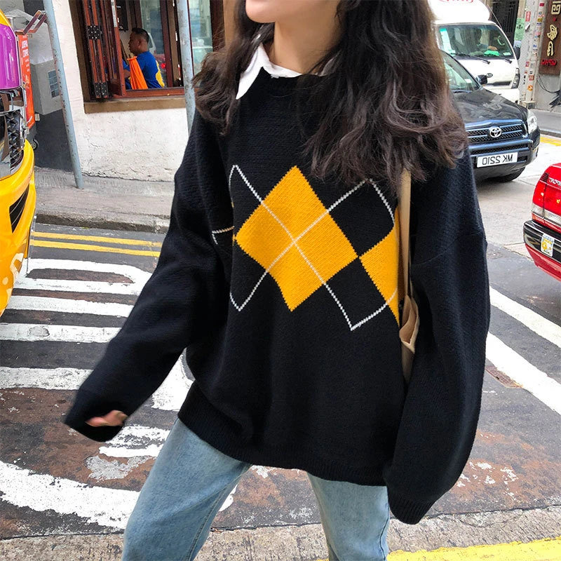 

Suéter Feminino Estilo Universitário Coreano Outono Inverno Estampa Geométrica Argyle Pulôveres Soltos argyle sweater