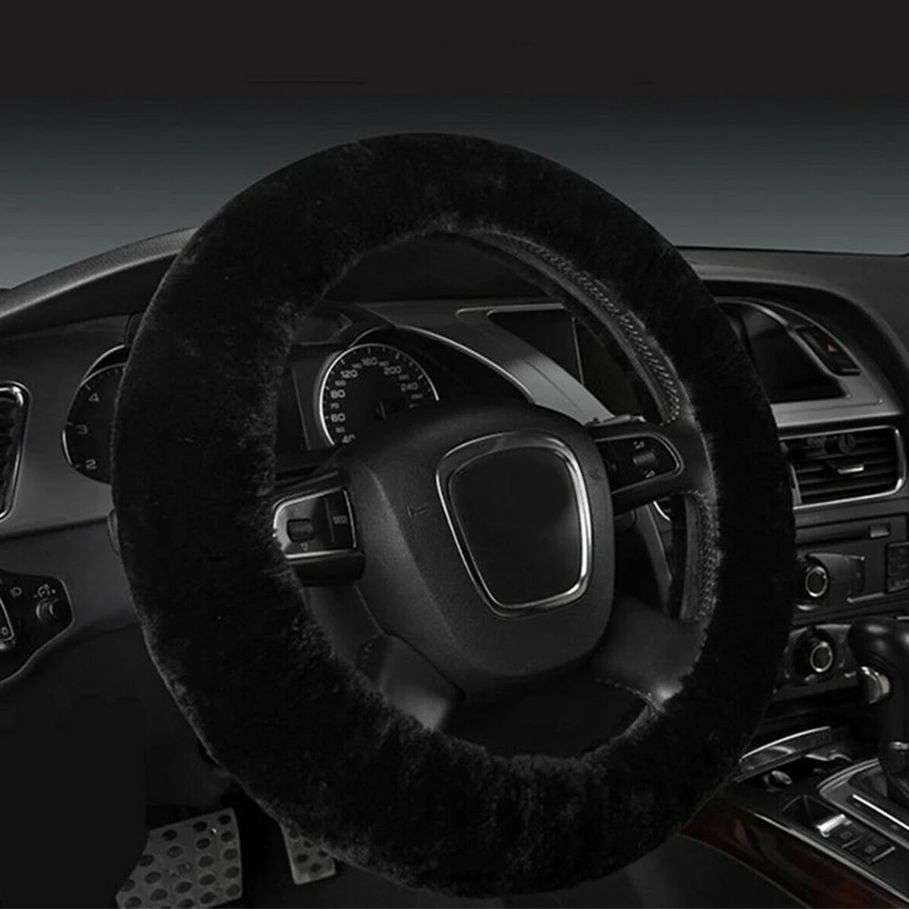 Car Steering Wheel Cover Black Warm Soft Fuzzy Plush Universal Auto Steering Wheel Cover For Winter Car Interior Accessories images - 6