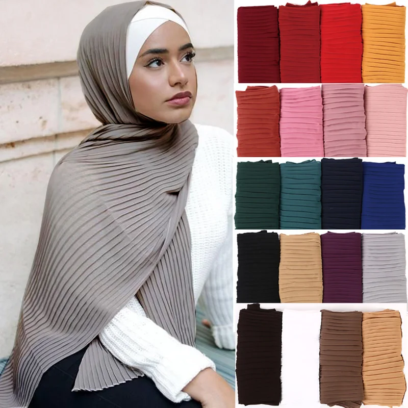 

New Plain Wrinkle Bubble Chiffon Hijab Scarf Long Wrap Shawls Crumple Pashmian Georgette Islamic Muslim Hijabs Headscarf Scarves