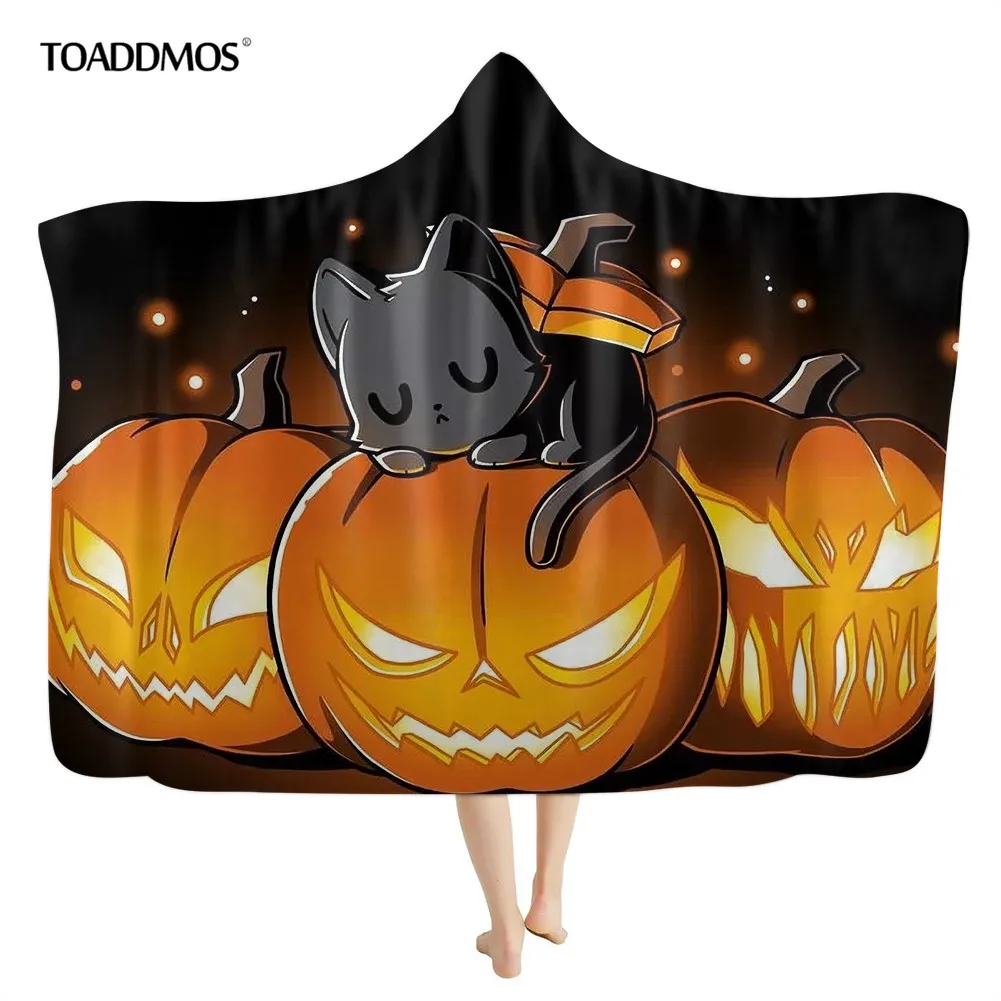 

TOADDMOS Halloween Cartoon Cat Pumpkin Print Comfort Soft Wearable Hooded Blanket Warm Fleece Sofa Bedroom Throw Blanket manta