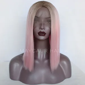 Парики с коричневыми корнями, розовые, белые, Омбре, короткие синтетические передние парики для женщин, прямая шнуровка, парики с натуральным ворсом