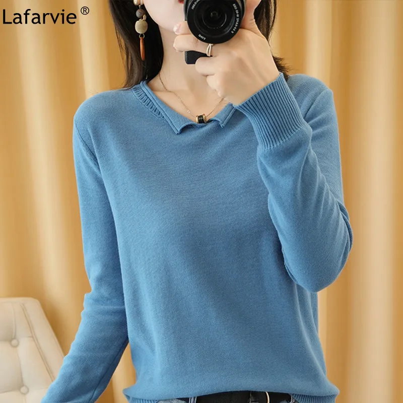 

Lafarvie 100% Cotton V Neck Tops Women Sweater Pull Femme Oversized Knit Pullover Spring Autumn 2021 Green Long Sleeve Clothing