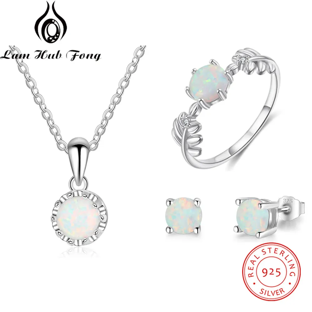 

925 Sterling Silver Jewelry Sets Opal Stone Ring Necklaces Stud Earrings Women Wedding Jewelry Sets Fine Jewelry (Lam Hub Fong)