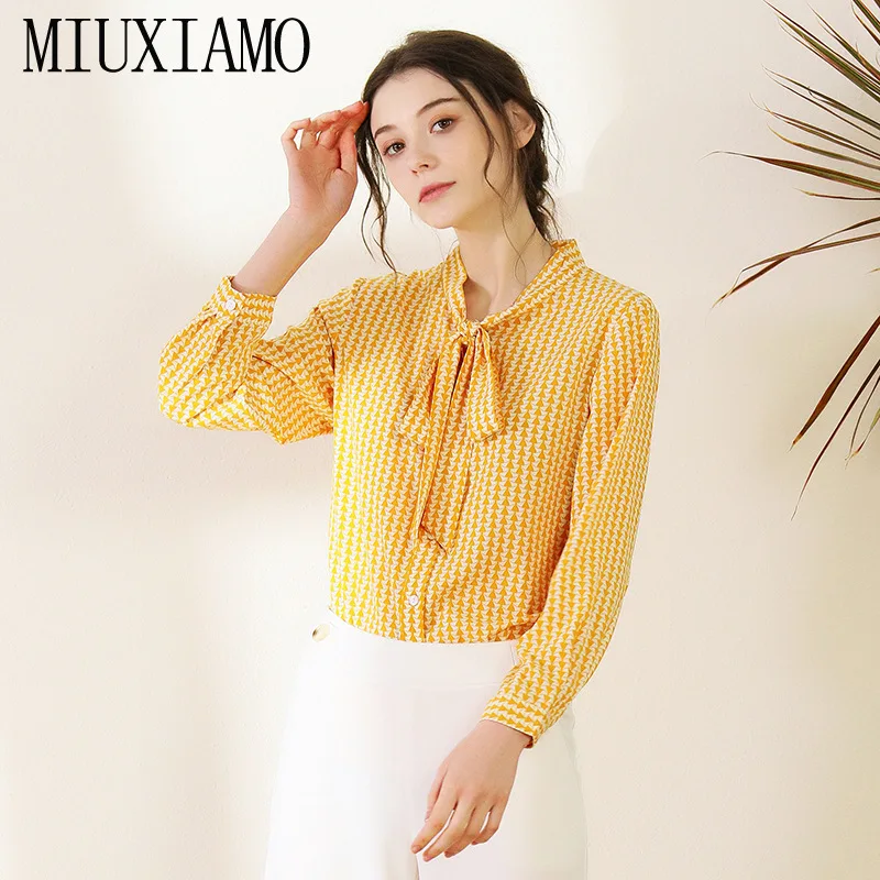 MIUXIMAO 2020 Summer Blouse Women's Elegant Office Lady Long Sleeve  Loose Yellow Flower Print Tops Shirts Women Vestidos
