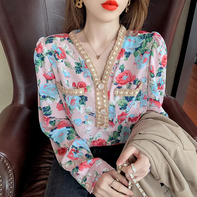 

Elegant Office Lady Blouse Shirt Vintage V Neck Puff Sleeve Women Button Blouses Long Sleeve Rose Flower Print Blusa Tops 2021