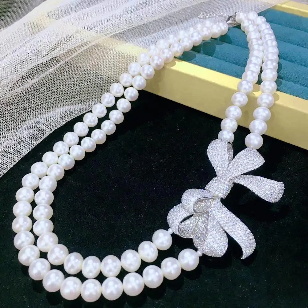 ?? 9-10 ミリメートル天然淡水真珠のネックレス二層 925 スターリングシルバー立方ジルコンちょう結びクラシックファインジュエリー