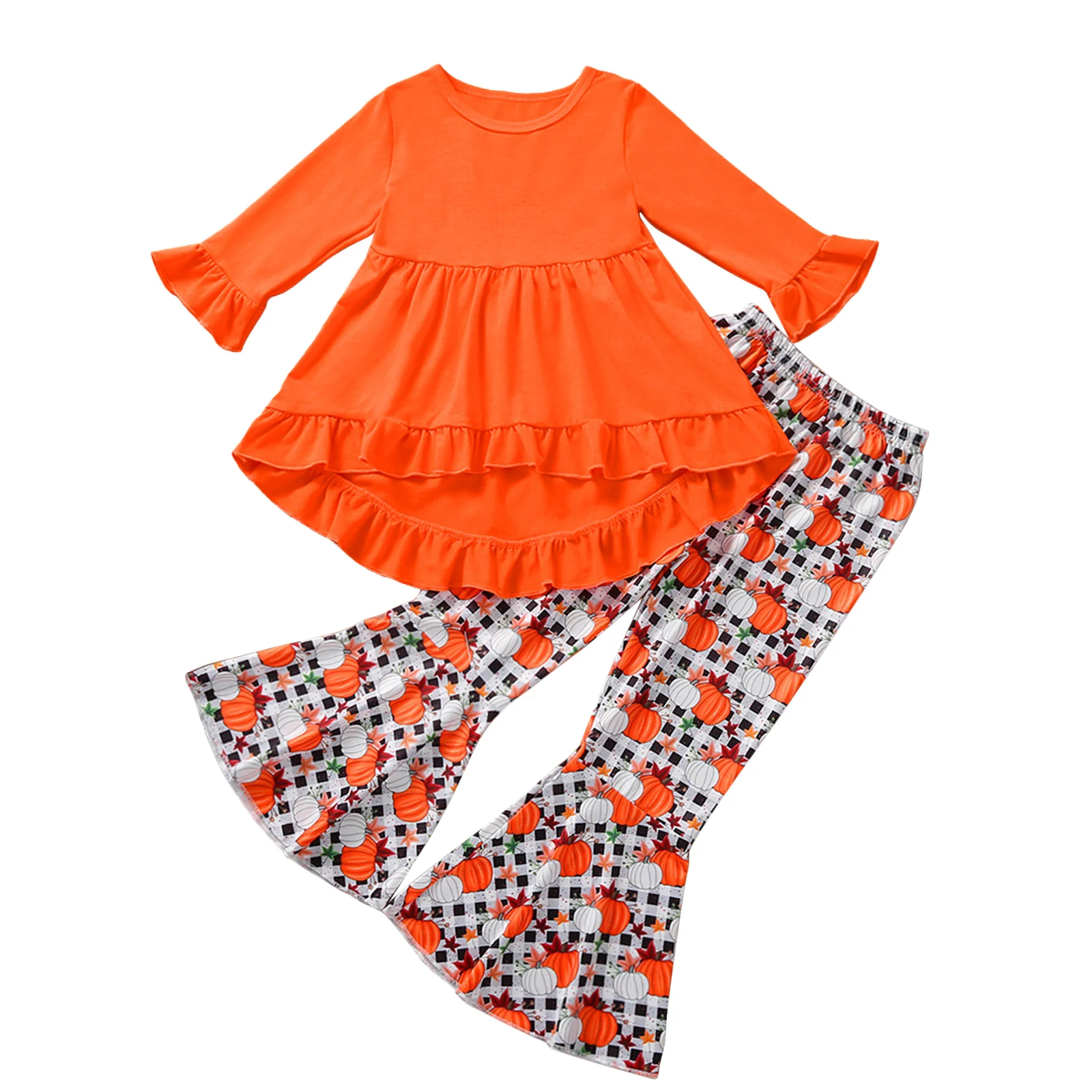 

Повседневный комплект для девочек OPPERIAYA, однотонный топ с асимметричным подолом и длинными рукавами, с круглым вырезом, расклешенные брюки ...