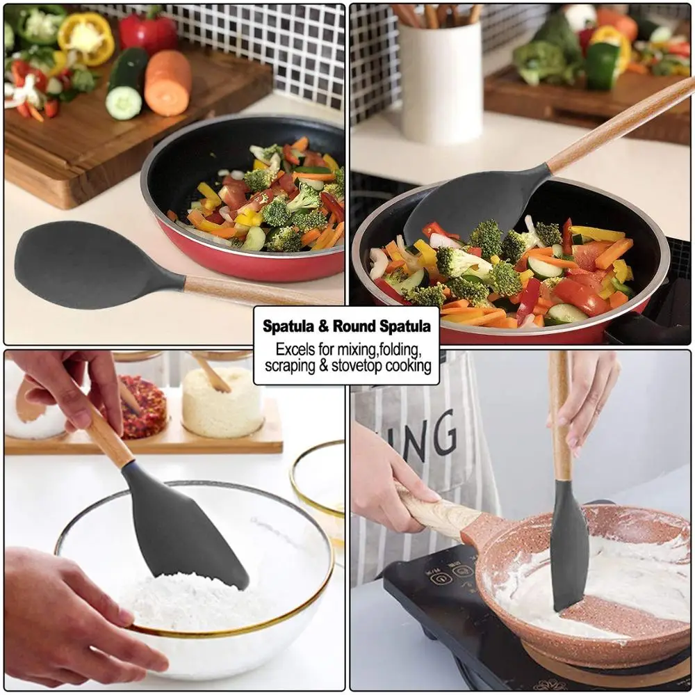 

12 pcs Silicone Kitchen Utensil Set BPA Free Non Toxic Cooking Utensils Wooden Handle with Storage Box kitchen Tools