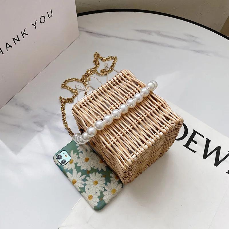 Женская сумка-мешок ручной работы XA873H плетеная Сумка-мешок на цепочке с жемчугом