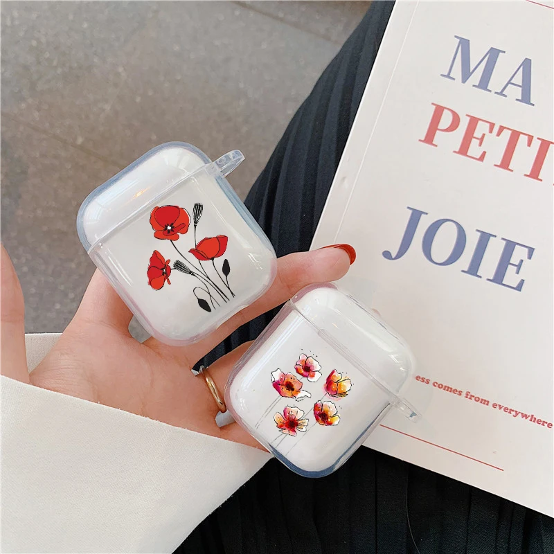 Симпатичный прозрачный чехол с фиолетовыми цветами мака для Airpods 2 Чехол Для Air Pods