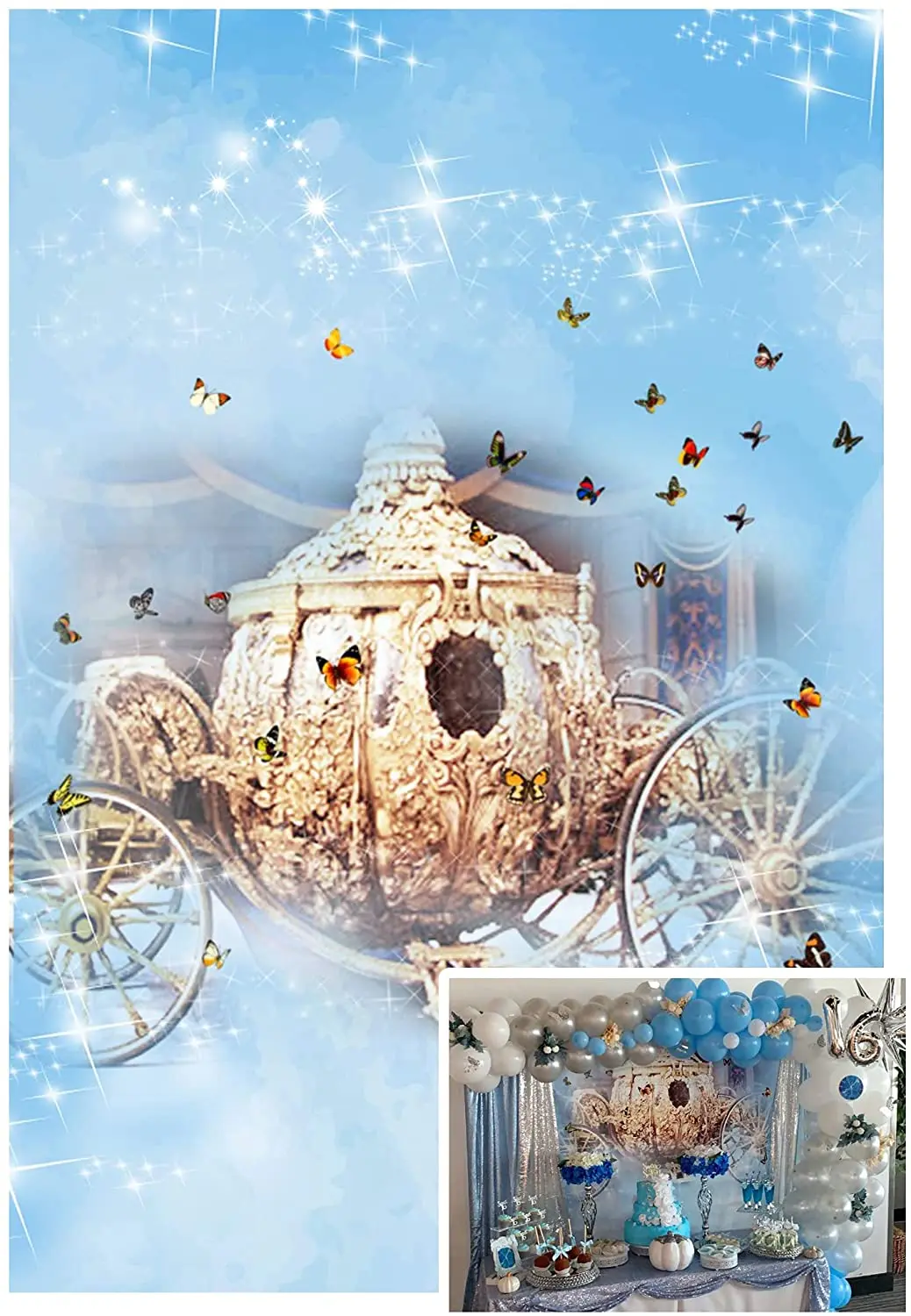 

Cinderella Carriage Fairy Tale Backdrop 5x7ft Photography Background Dreamy Blue Foggy Butterfly Shiny Lights Children Stories