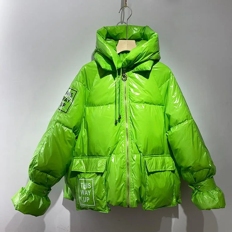 

New Fashion Down Coat Thick Winter Glossy Women Hooded Parka Quality White Duck Down Jacket Female Loose Outerwear Warm