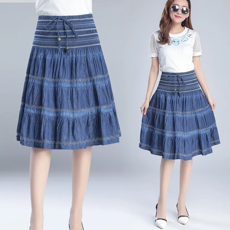 2021 Summer Skirts Womens Vintage Elastic Waist Jeans Skirt Blue Denim Pleated Skirt Women Casual Wild Plus Size Skirt Female