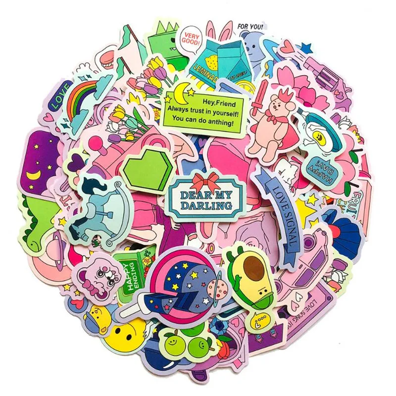 

10/30/50PCS Literary Color Cartoon Cute Waterproof Stationery Diary Travel Suitcase Helmet Sticker Decorative Toys Wholesale