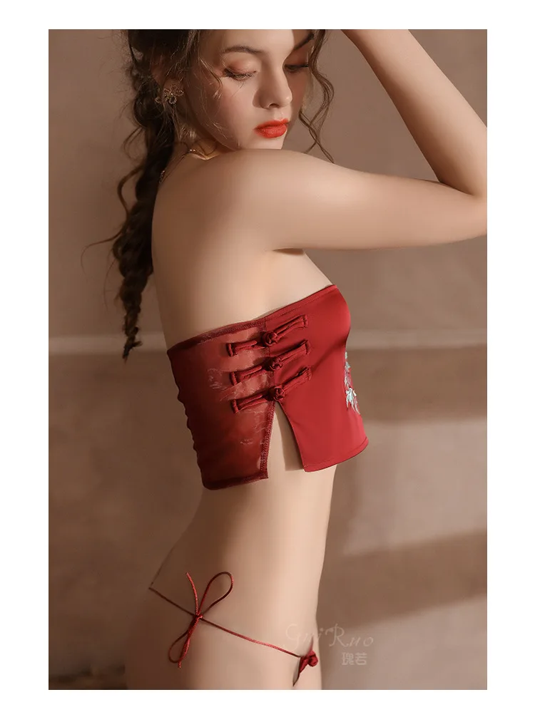 

Sexy Chinese Style Lingerie Satin Vintage Embroidered Tube Top Panties Temptation Hollow Pajamas Underwear Set