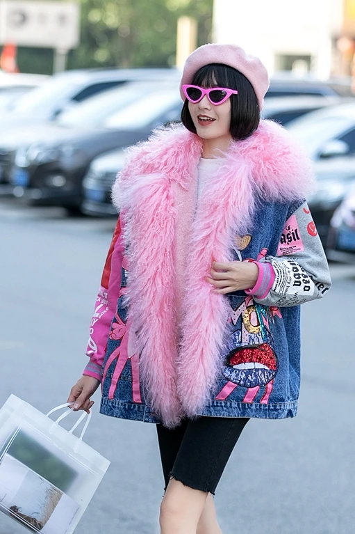 

QING MO Women Cartoon Parkas With Pink Real Fur Collar Women Fashionable Cotton Padded Coat Female Patchwork Coat ZQY5906