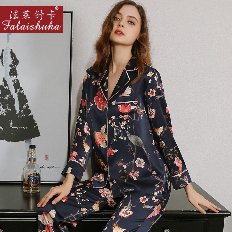 100% Silk Homewears Pajamas Set Women Floral Print 2021 Summer Spring Female Home Wears Two Piece Pajamas Set Sleepwear