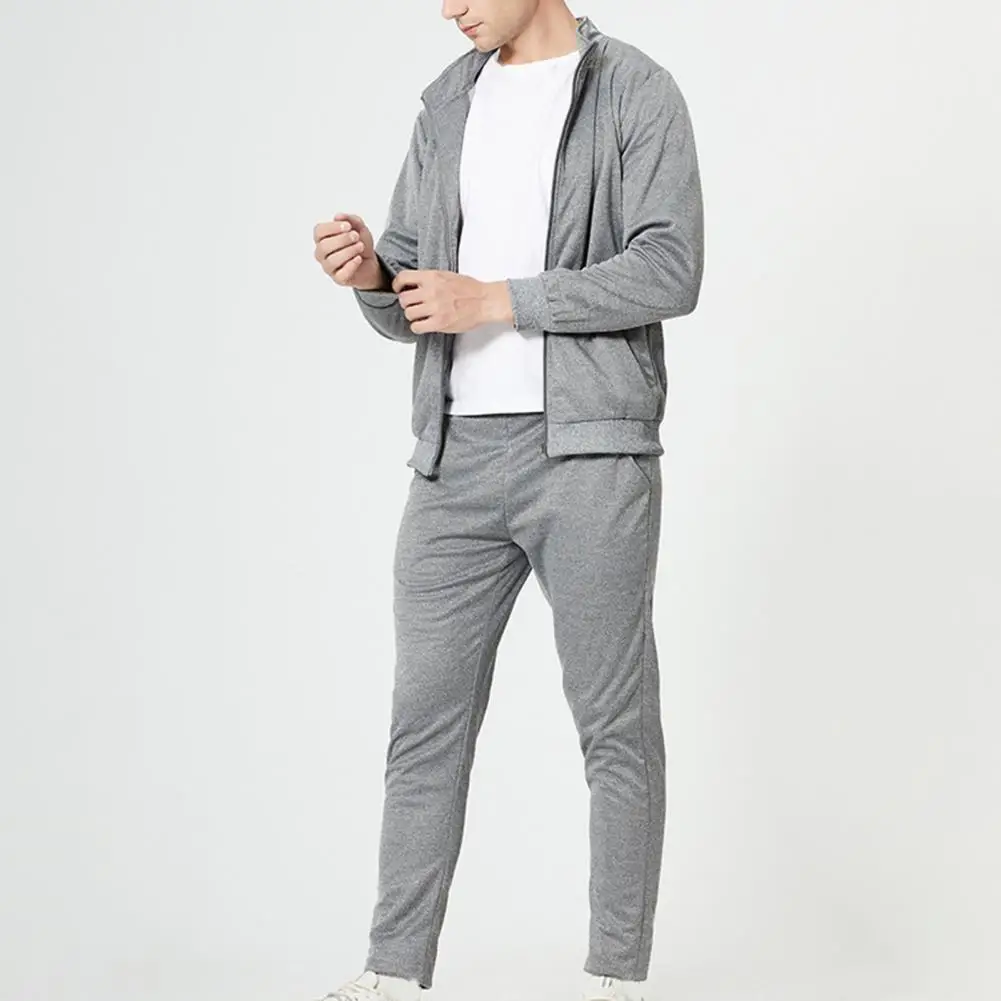 

2 Pcs/Set Men Tracksuit Sweat Absorption Long Pants Drawstring Wear-resistant Pants Suit Autumn Suit for Exercise