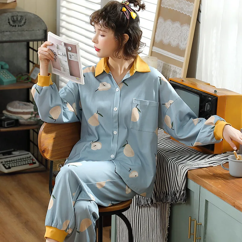 Весенняя женская пижама топ и брюки из 2 предметов с фруктами тонкая хлопковая